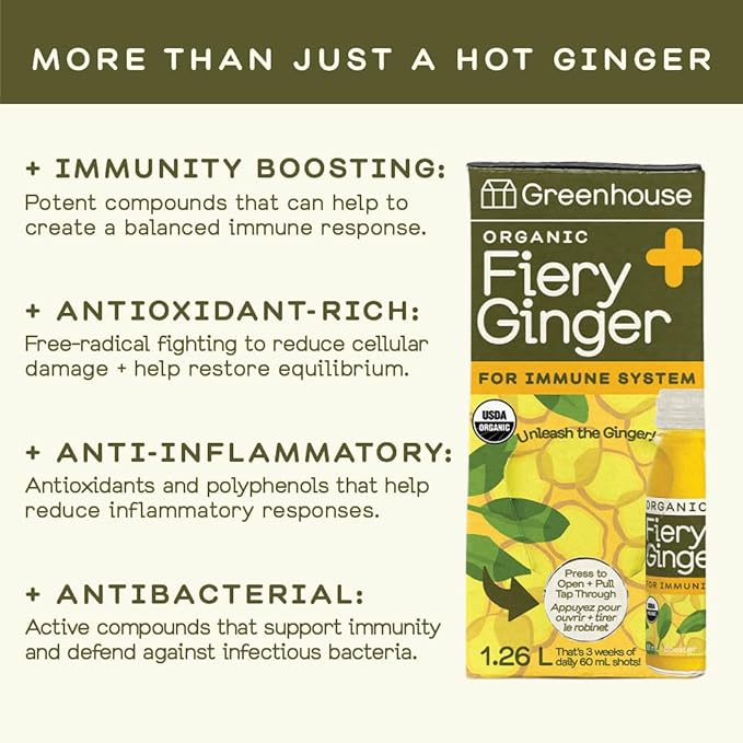 Greenhouse Juice Organic Fiery Ginger Wellness Shot Box Multipack 1.26L Ginger, Turmeric, Lemon, Black Pepper & Oregano | Immunity Wellness + Antiflammatory (Bag-in-Box Dispenser 2 Pack, Fiery Ginger)