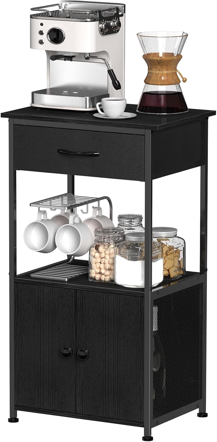 4-Tier Small Coffee Bar with Storage,Kitchen Stand,Farmhouse-Style Coffee Bar with Storage Featuring 2-Door Cabinet for Living Room,Kitchen (Black)