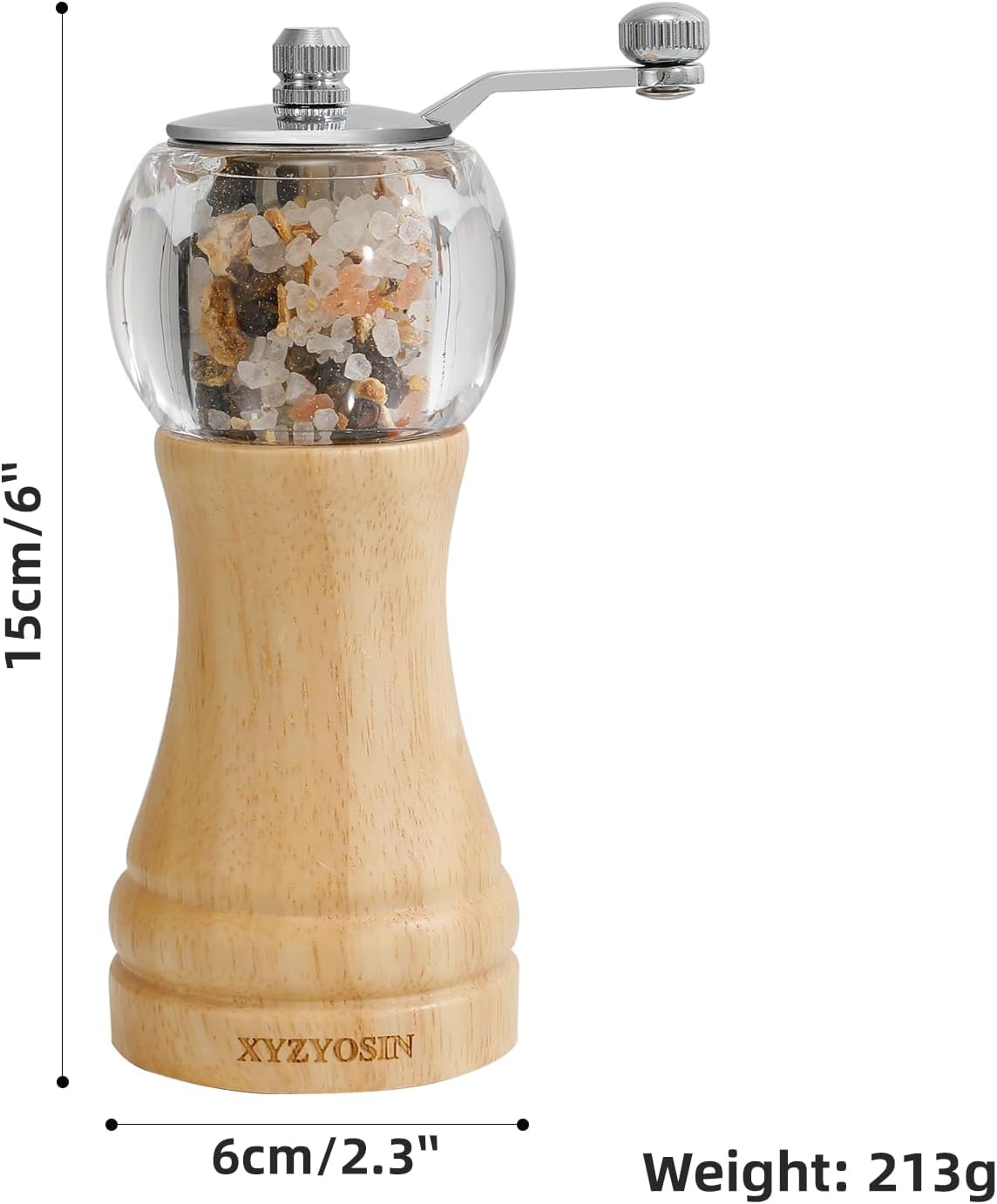 Classical Hand Shake Rubber Wood Salt or Pepper Grinder Set Refillable Salt Grinder Pepper Mill with Adjustable Coarseness Acrylic Body For Kitchen 1 Pack