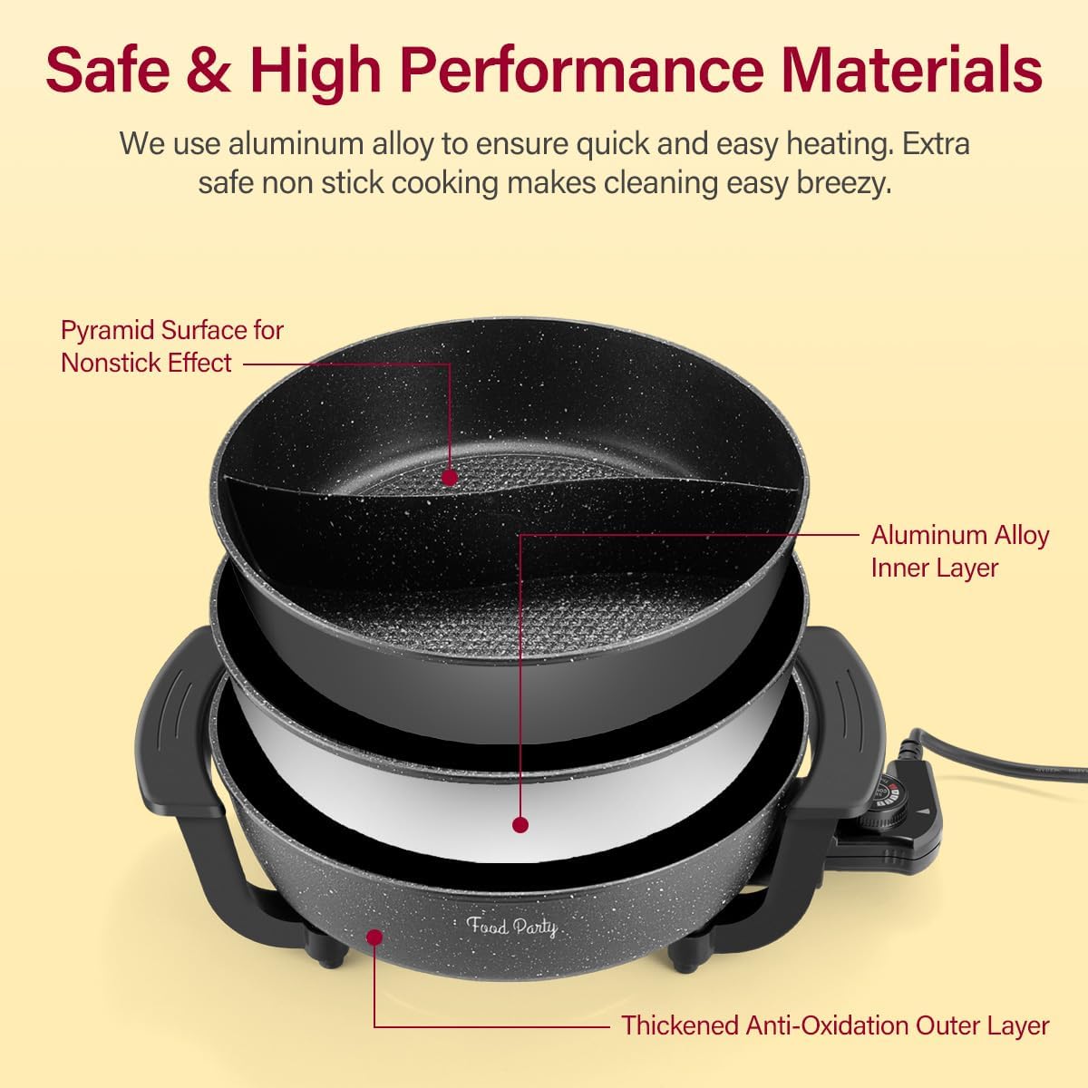 Food Party Electric Hot Pot with Divider Hotpot Pot Electric Hopot Cooker Shabu Shabu Pot 110V 1200W Non-Stick 6-Quart BPA FREE Fondue Chinese Hot Pot