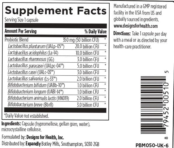 Designs for Health ProbioMed 50 - Probiotics for Digestive Health - 10 Strains with Lactobacillus acidophilus Probiotic + Lactobacillus rhamnosus - Gut Health + Immune Support Supplement (30 Caps)