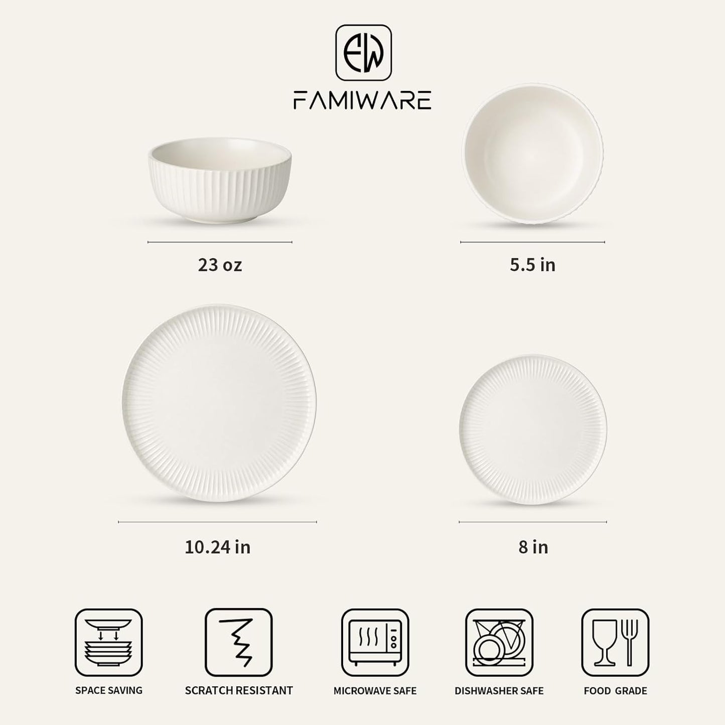 Famiware Starlight Dinnerware Sets, Plates and Bowls Dish Set of 4 (12 Pieces), Ribbed Textured Tableware - Dishwasher & Microwave Safe, Chip Resistant, Reactive Glaze, Matte Reactive White
