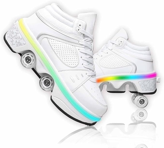 Roller Skate Shoes for Women Four Rounds Children's Roller Skates Shoes That Turn into Rollerskates Sneakers Outdoor Light Shoes with Wheels for Girls/Boys