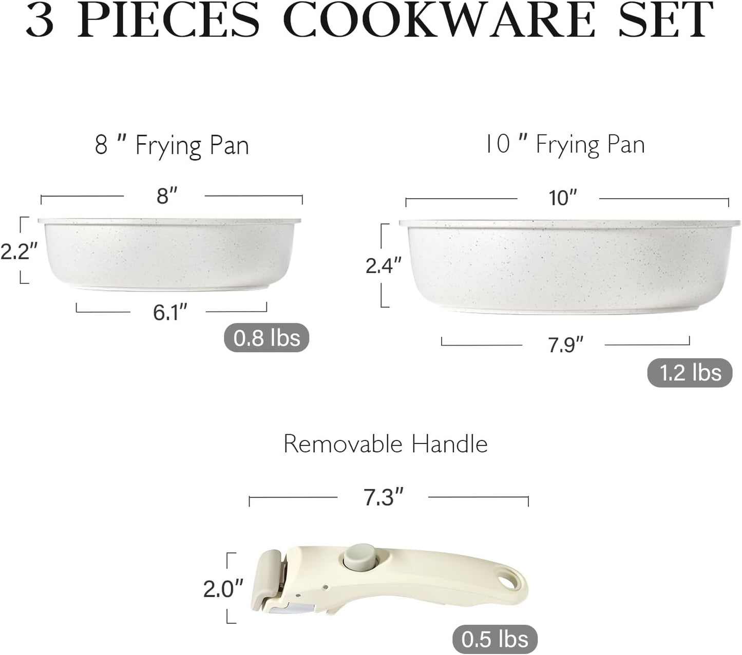 GiPP Non Stick Frying Pans Set Removable Handle, Oven Safe Nonstick Fry Pan Skillets with Detachable Handle, Granite Coating Healthy Cooking Compatible with All Stovetops, PFOA Free, RV Cookware set