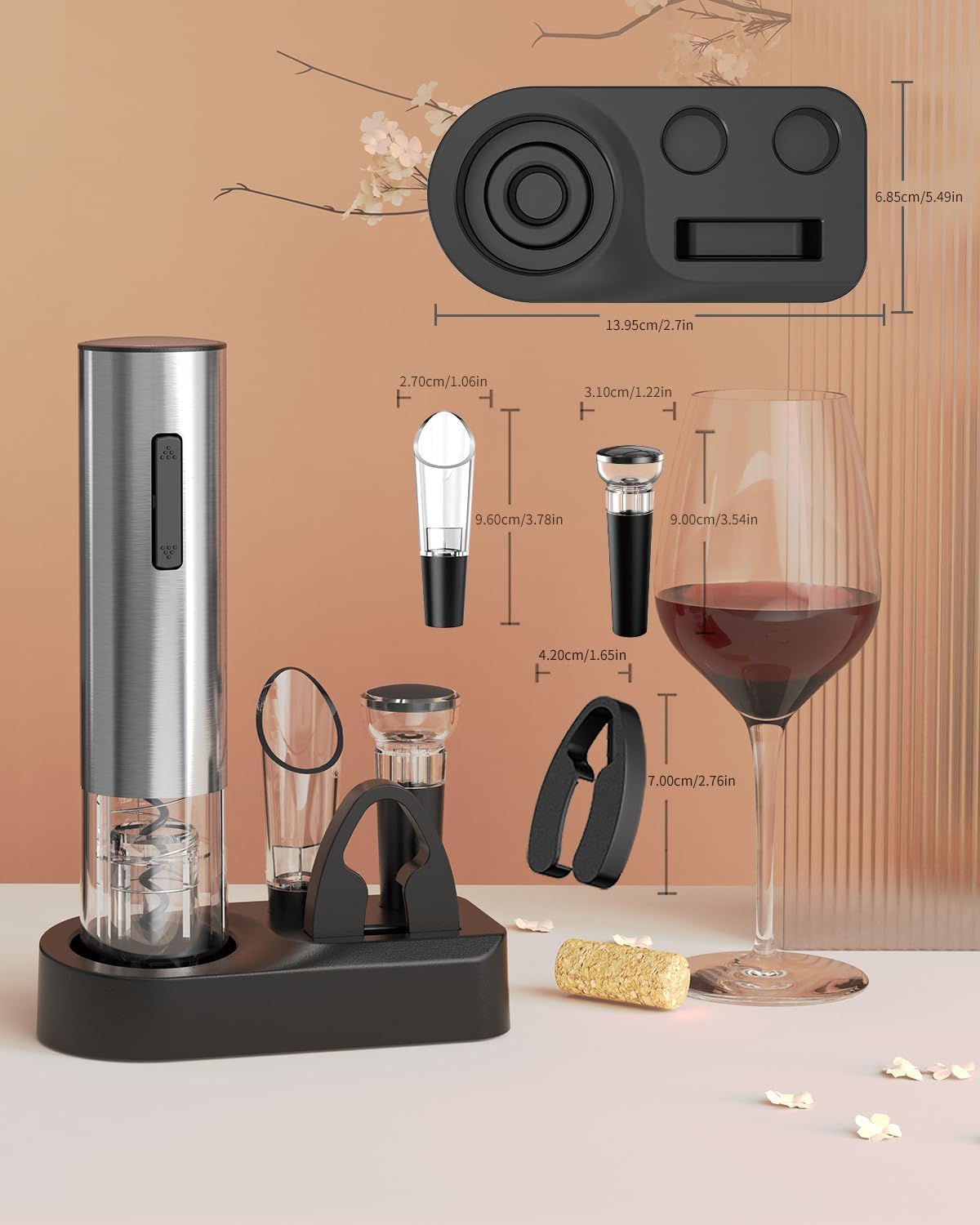 CIRCLE JOY 5-in-1 Electric Wine Opener Set Rechargeable Stainless Steel Automatic Corkscrew Wine Bottle Opener Set with Foil Cutter, Wine Aerator Pourer, Vacuum Wine Stopper and Storage Base, Silver