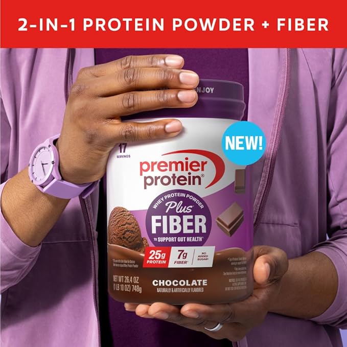 Premier Protein Powder Plus Fiber, 25g Protein, 7g Fiber, Chocolate, No Added Sugar,17 Servings