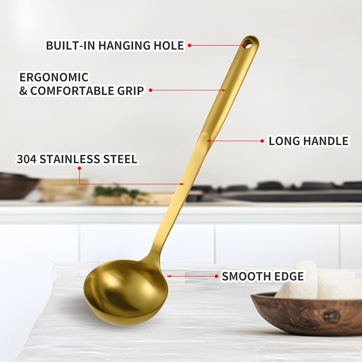 304 Stainless Steel Cooking Utensils Set, 8PCS Kitchen Utensils Set, Include Skimmer, Soup Ladle, Spaghetti Server, Wok Spatula, Slotted Spoon, Solid Spoon, Slotted Spatula Turner & Meat Fork, Gold