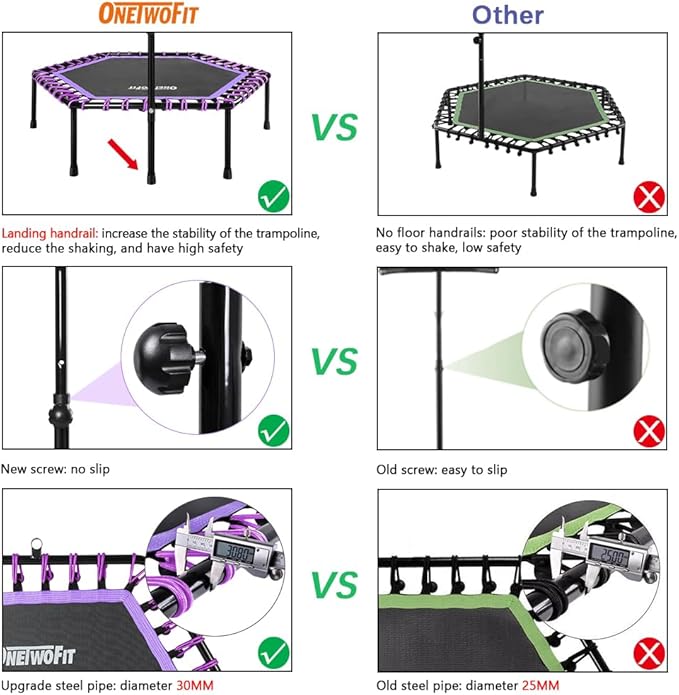 ONETWOFIT 48" Silent Mini Trampoline with Adjustable Handle Bar Fitness Trampoline Bungee Rebounder Jumping Cardio Trainer Workout for Adults
