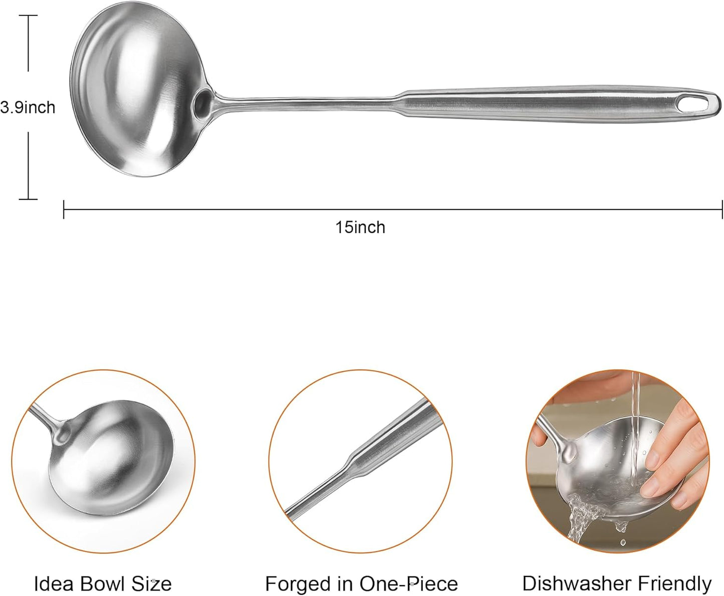 FJNATINH Stainless Steel Soup Ladle, Food Grade Metal Kitchen Utensil Ladle Spoon for Canning Soups Sauces, Easy to Clean, 15 Inches