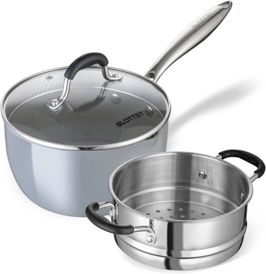 Ceramic Nonstick Tri-Ply Stainless Steel Sauce Pan with Steamer,2.5 Quart Small Multipurpose Pot with Pour Spout,Strainer Glass Lid, 2qt Saucepan for Cooking with Stay-cool Handle,Grey