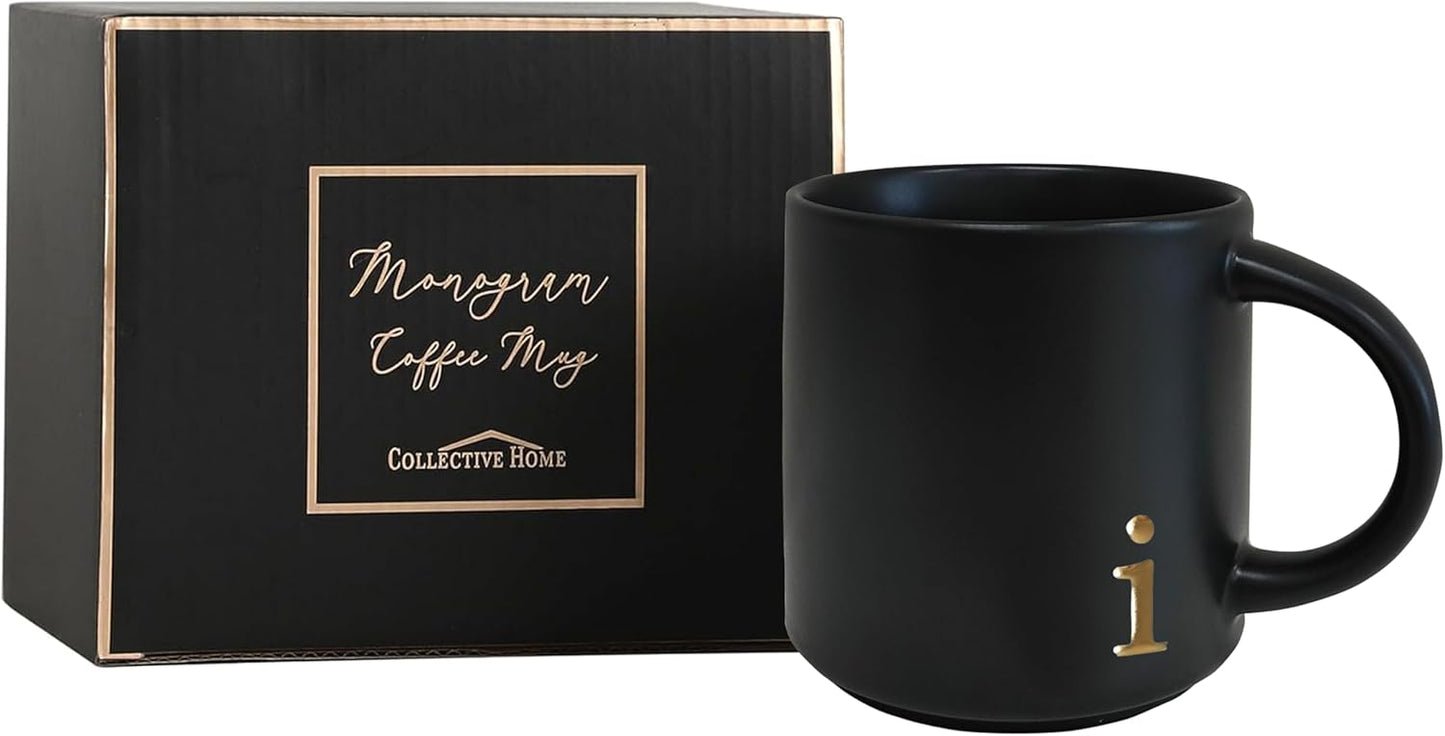 COLLECTIVE HOME - Black Monogram Ceramic Mugs, 15 oz Golden Initial Coffee Cups, Elegant Alphabet Tea Mugs, Personalized Halloween Mug with Gift Box, Perfect for Office and Home Décor (i)