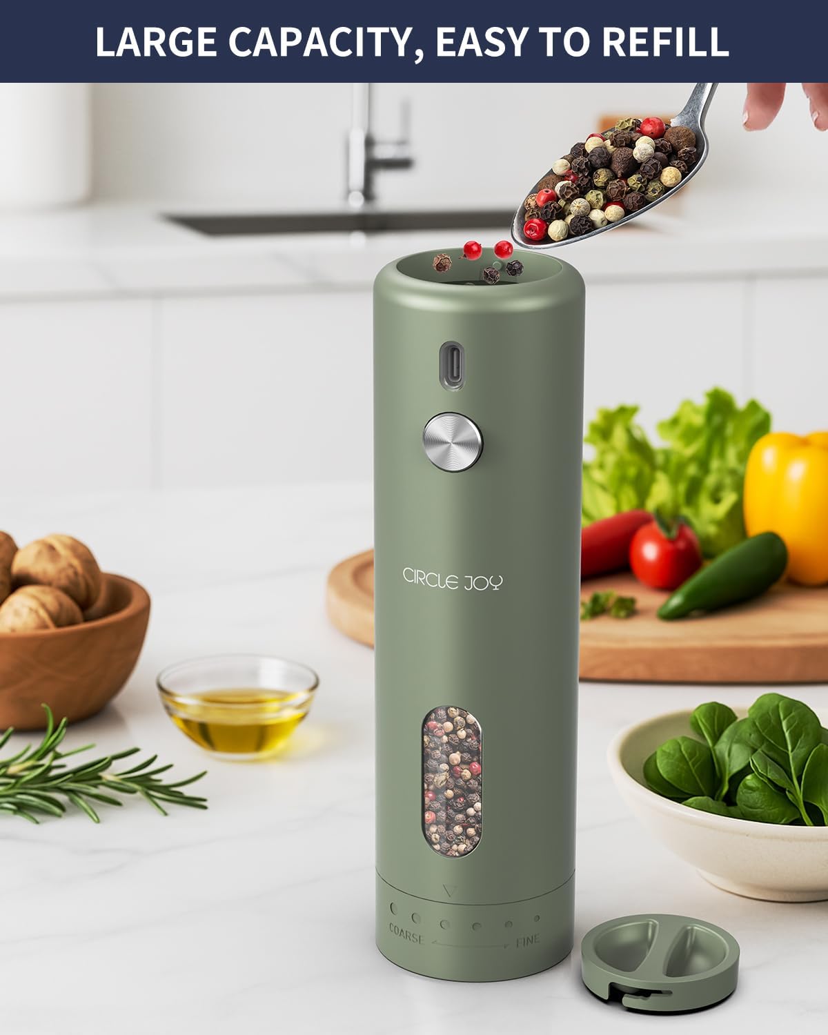 CIRCLE JOY Rechargeable Electric Salt and Pepper Grinder Set with Base, Automatic Pepper Mills with 110ml Container, External Adjustable Coarseness, White Led Light and One-Handed Operation, Green