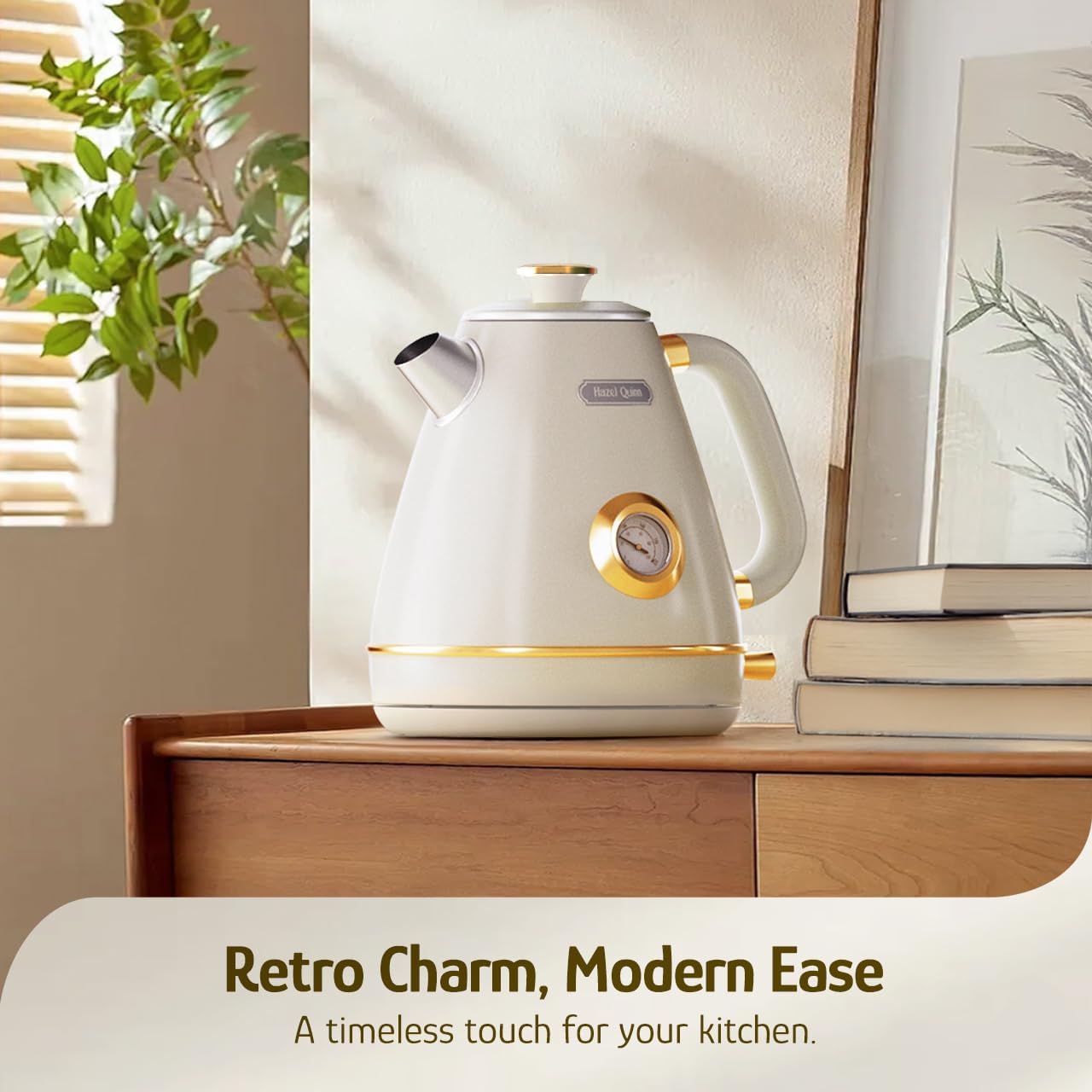 Hazel Quinn Retro Electric Kettle - 1.7 Liters / 57.5 Ounces Tea Kettle with Thermometer, All Stainless Steel, 1200 Watts Fast Boiling, BPA-free, Cordless, Automatic Shut Off - Pearl White