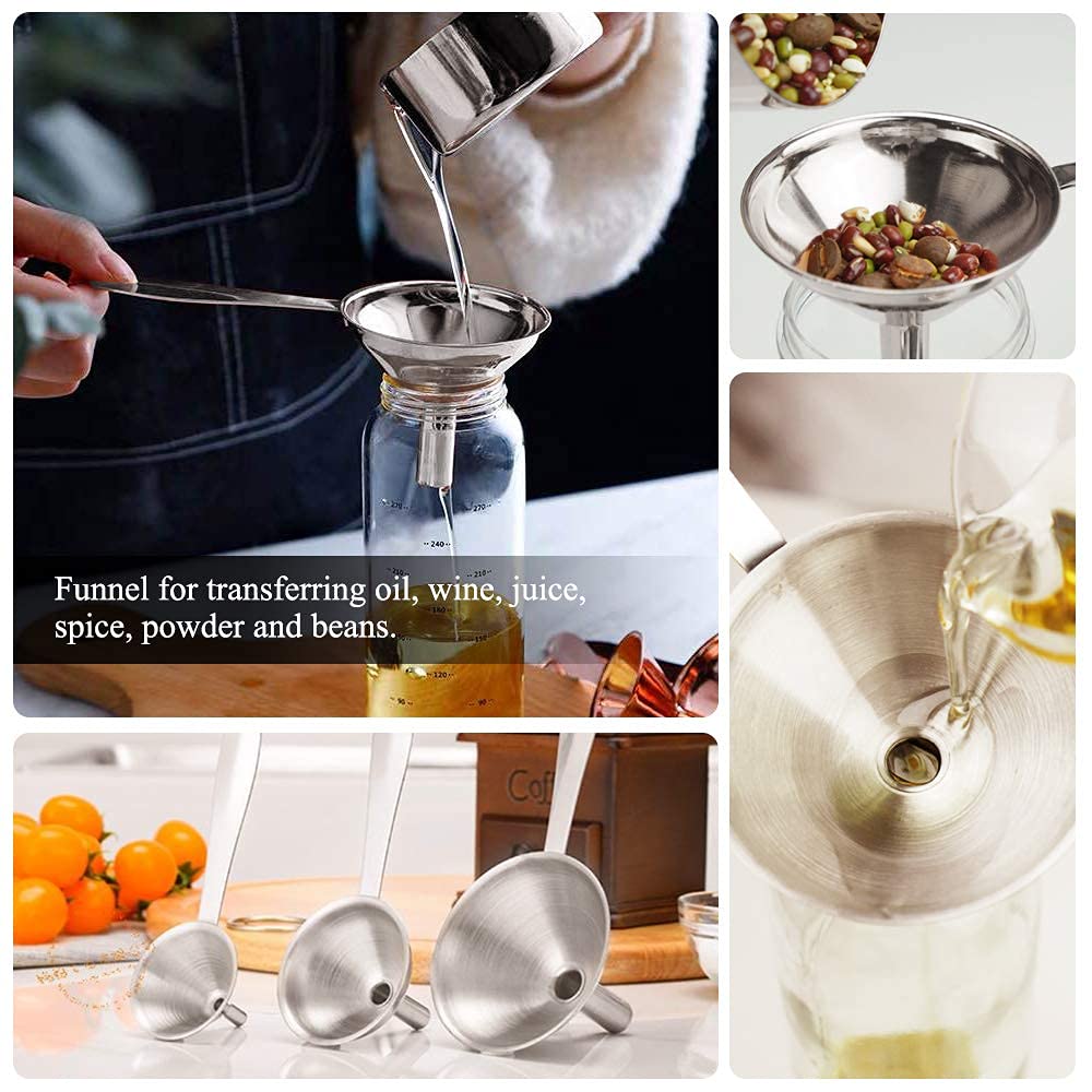 3 in 1 Metal Funnels for Filling Bottles Stainless Steel Small Kitchen Funnel Set for Transferring Essential Oils Liquid Fluid Spice Dry Ingredients Powder, Durable and Dishwash Safe