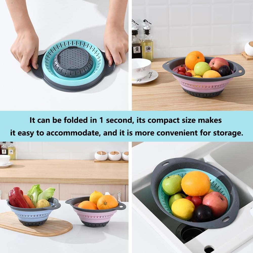 Collapsible Colander and Strainer,Silicone Strainer Colanders & Food Strainers,for Vegetable and Fruit, Kitchen Essentials (2, Blue, 2.5L+2.5L)