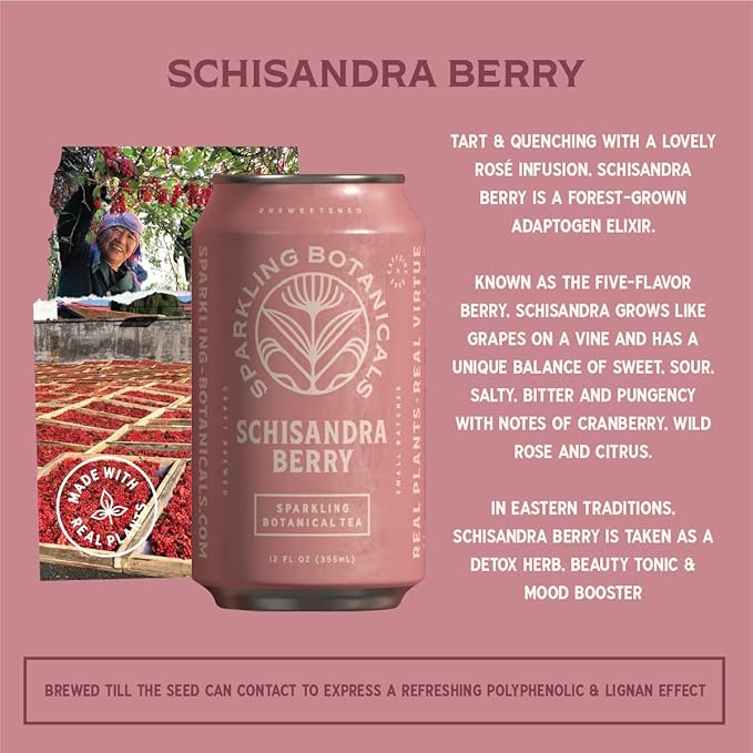 Rishi Tea Schisandra Berry Sparkling Botanicals Sparkling Water - Organic, Unsweetened, Zero Added Sugar, Caffeine Free, Real Plants, Virtus Botanicals - 12 oz (Pack of 12)