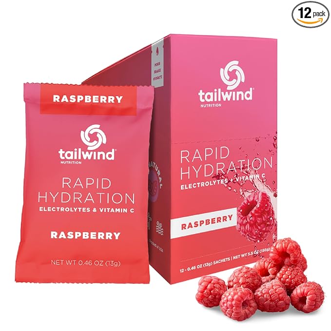 Tailwind Nutrition Rapid Hydration, Electrolyte & Hydration Powder, Vitamin C & Sea Salt Exercise Workout Mix, Raspberry, Pack of 12 Sticks
