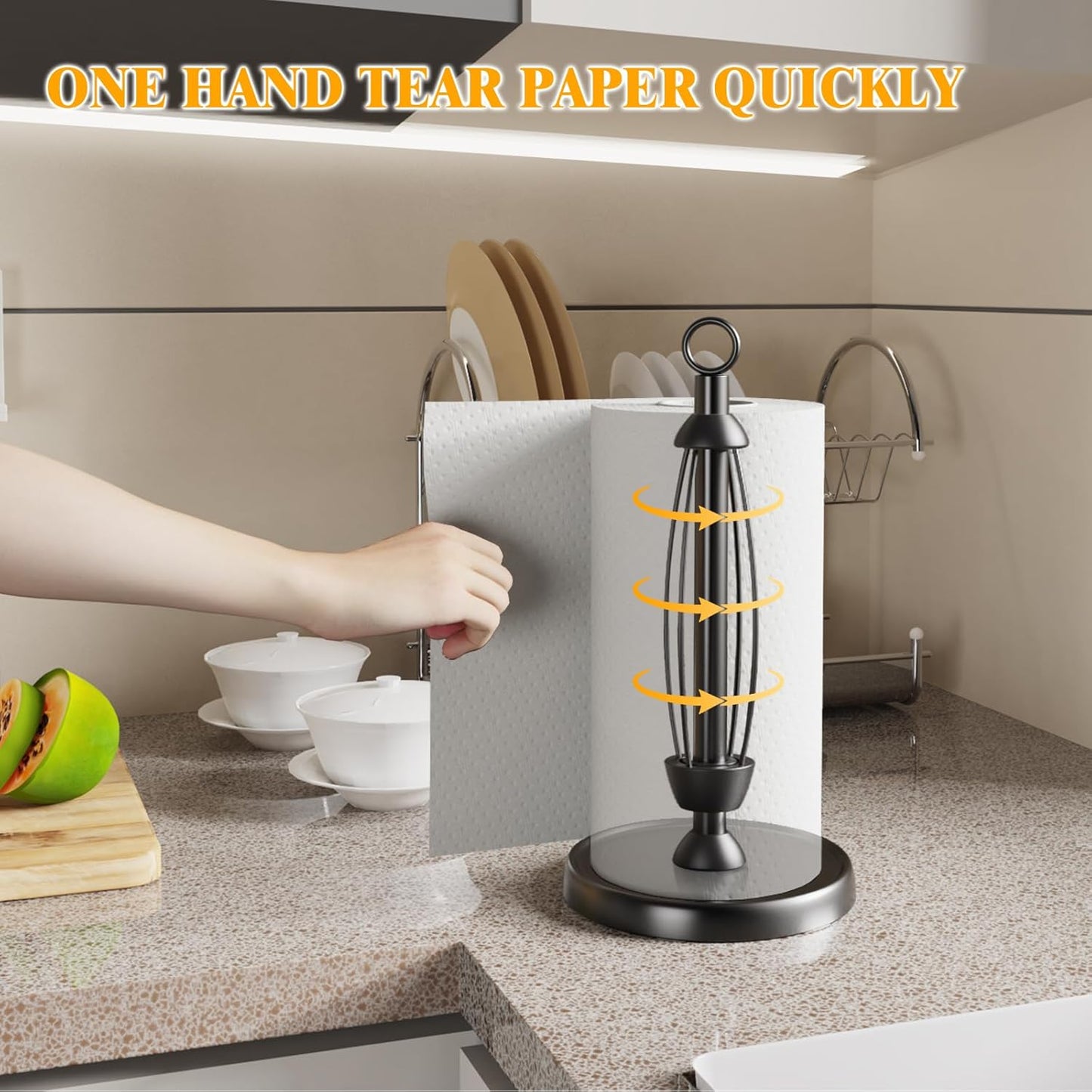 HZE Paper Towel Holder Countertop, One-Handed Tear, Stainless Steel, Weighted Base, Ring Paper Towel Holder Stand with Ratchet System for Kitchen Farmhouse Essentials Decor Accessories (Matte Black)