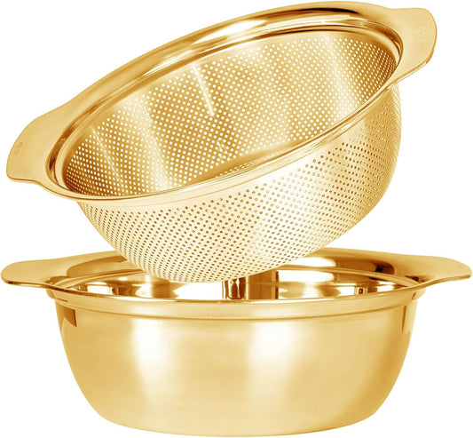 304 Stainless Steel Microporous Colander with Handle, Rice Washers Microporous Strainer Set For washing vegetables, fruits and rice, and draining cooked pasta(5QT with handle-Gold)