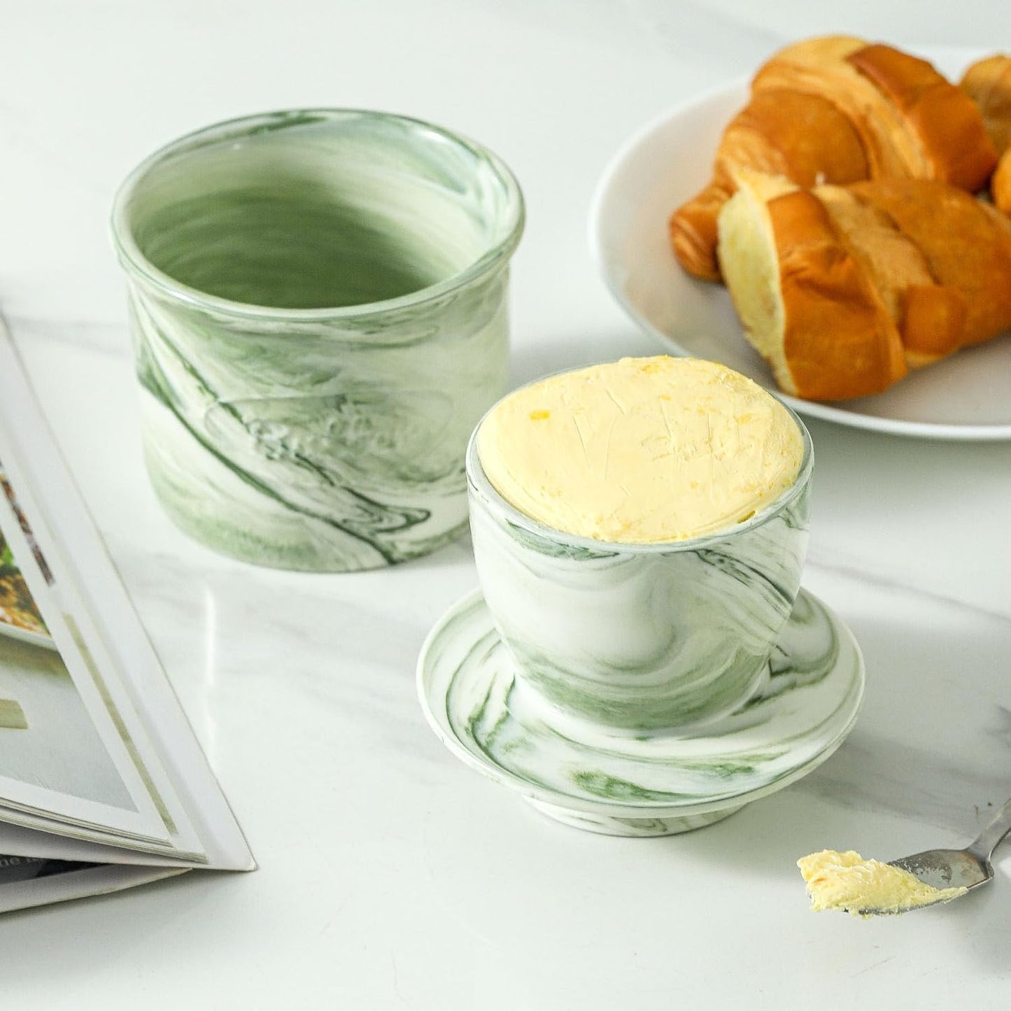 Ceramic Butter Crock, 6 OZ Butter Keeper for Counter, French Butter Dish Big Capacity green