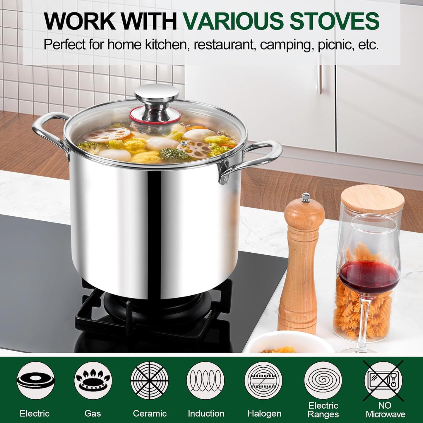 P&P CHEF 10 Quart Tri-Ply Stainless Steel Stockpot, Stock Pot with Visible Lid for Soup Pasta Vegetable, Induction Cooking Pot for All Stoves, Sturdy & Double Handle, Dishwasher Safe