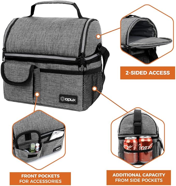 opux Lunch Box for Men, Adult Lunch Box Cooler, Insulated Lunch Bag Women, Dual Compartment Lunchbox for Work, Leakproof Double Decker Lunch Bag, Soft Lunch Pail Tote Boys Girls Kids School, Gray