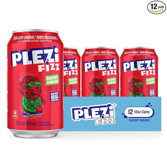 PLEZi FiZZ Cherry Limeade Sparkling Juice - Healthy Soda Alternative with Real Fruit Juice, No Added Sugar - Low Sugar Sparkling Drink - Good Source of Fiber, 12 Fl Oz (12 Pack)