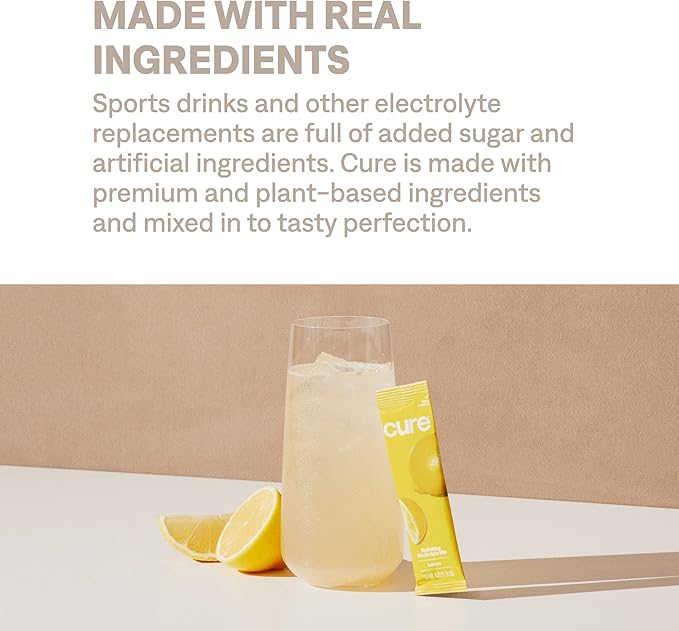 Cure Hydration | Plant-Based Electrolyte Drink Mix | No Added Sugar | FSA & HSA | Dehydration Relief Powder Made with Coconut Water | Non-GMO | Vegan | Pouch of 14 Packets - Lemonade