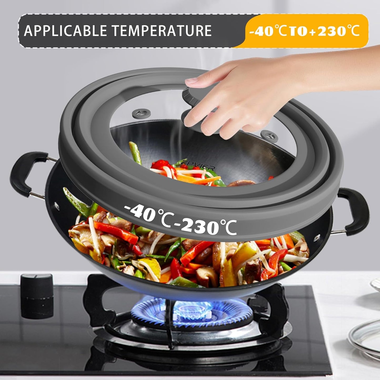 Collapsible Microwave Splatter Cover - Vented Silicone & Glass Lid with Easy-Grip Handle, Fits 6 to 8 Inch Plates & Bowls, 9 Inch Diameter, Prevents Splatters & Ensures Even Heating