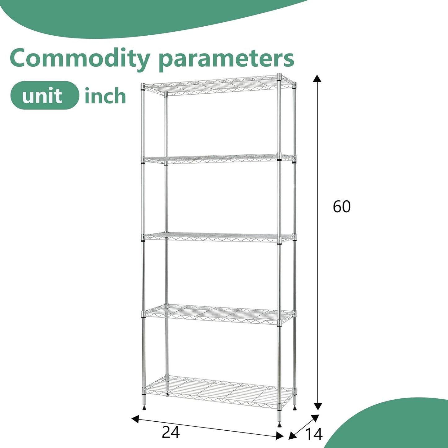 FDW 24" L×14" W×60" H Wire Shelving Unit Metal Shelf with 5 Tier Layer Rack Strong Steel for Restaurant Garage Pantry Kitchen Garage,Chrome