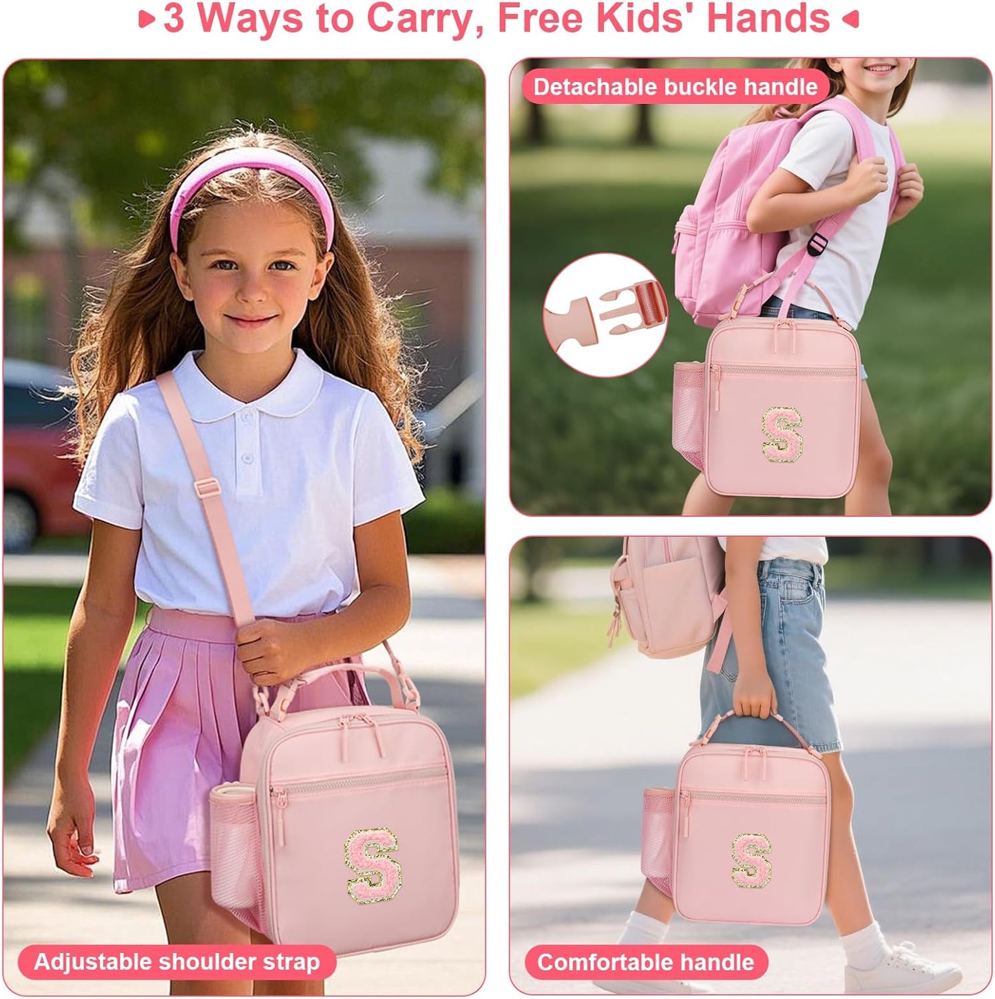 Initial Insulated Lunch Bag for Girls Kids, Back to School Gift, Reusable Leak-proof Lunch Box with Adjustable Strap for School Daycare Travel Picnic (Pink,S)