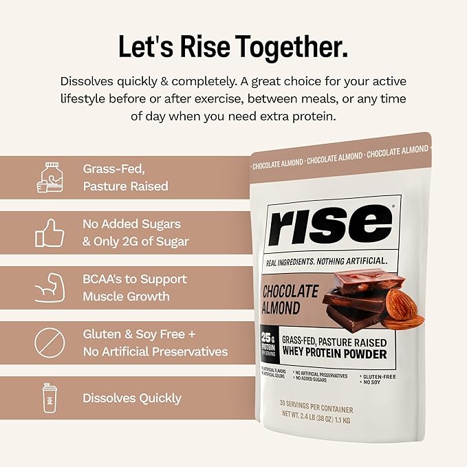 Rise Grass-Fed Whey Protein Powder - Chocolate Almond | 25g Protein No Artificial Flavors, Colors, or Preservatives - Sugar Free, Gluten-Free, Soy Free (2.4 lbs)