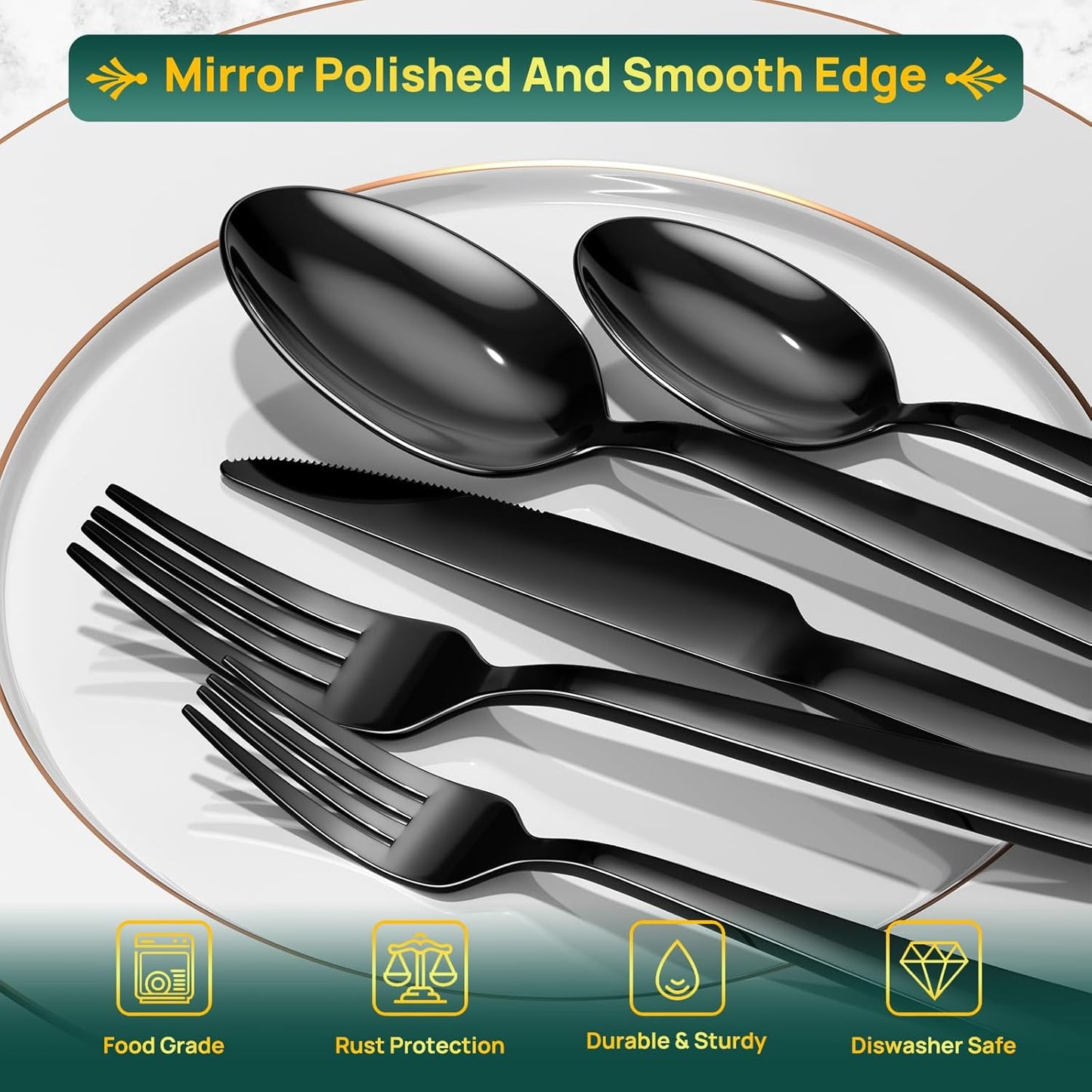 40 Pieces Black Silverware Set,Premium Stainless Steel Flatware Set For 8, Yoehka Mirror Polished Tableware Cutlery Set For Home And Restaurant, Include Knife/Spoon And Fork, Dishwasher Safe