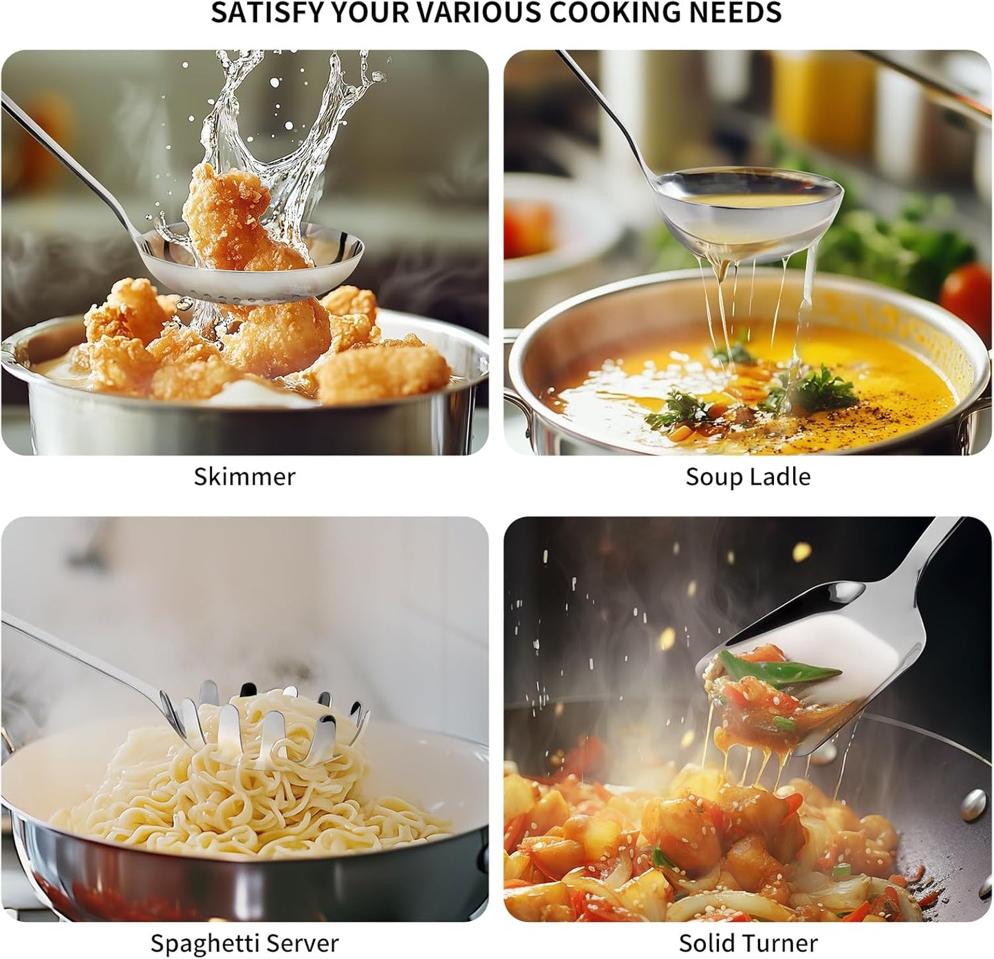 304 Stainless Steel Cooking Utensils Set, 8PCS Kitchen Utensils Set, Include Skimmer, Soup Ladle, Spaghetti Server, Wok Spatula, Slotted Spoon, Solid Spoon, Slotted Spatula Turner & Meat Fork