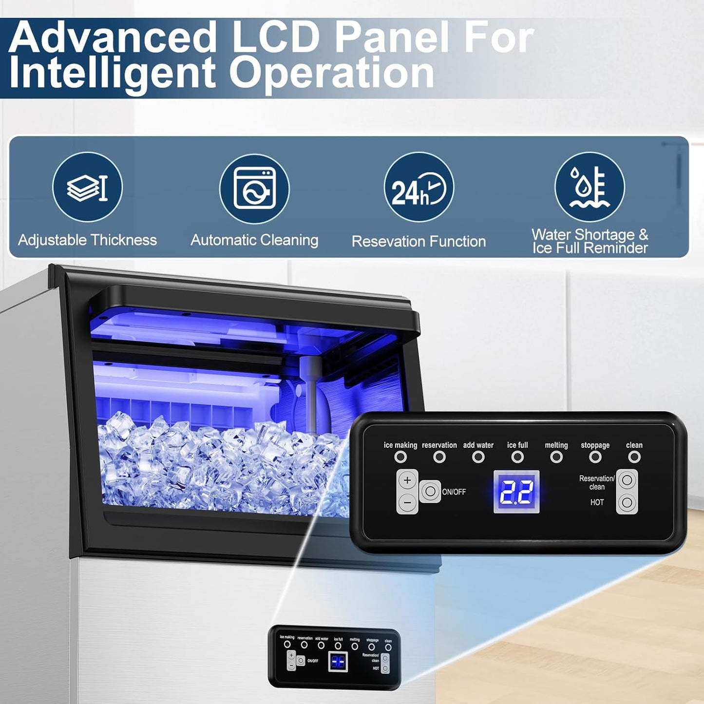 Commercial Ice Maker Machine 110Lbs/24H with 2 Water Inlet Modes, 36Pcs Ice Cubes in 8-15 Mins, Stainless Steel Under Counter/Freestanding Ice Machine with 25Lbs Storage Bin for Home/Shop/Office/Bar