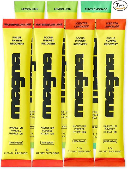 MAGNA Electrolyte Powder Drink Mix for Hydration, Energy & Focus Support with Magnesium L Threonate, Malate & Glycinate, Sodium, Potassium, Vitamin D, B6 & B12, Variety Pack, 7 Servings