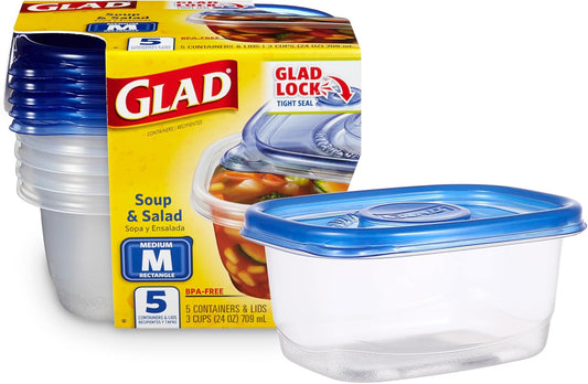 GladWare Soup & Salad Everyday Use, Medium Rectangle Storage, Standard, 24 Oz, 5 Count
