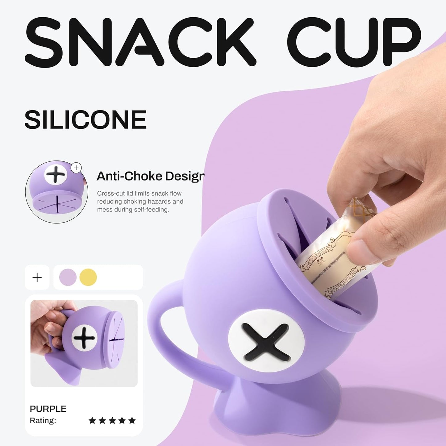 Li&Zhao Toddler Snack Cups - Baby Snack Containers Silicone Snack Cups for Toddlers Spill Proof Baby Food Catcher for Toddlers and Babies(Purple)