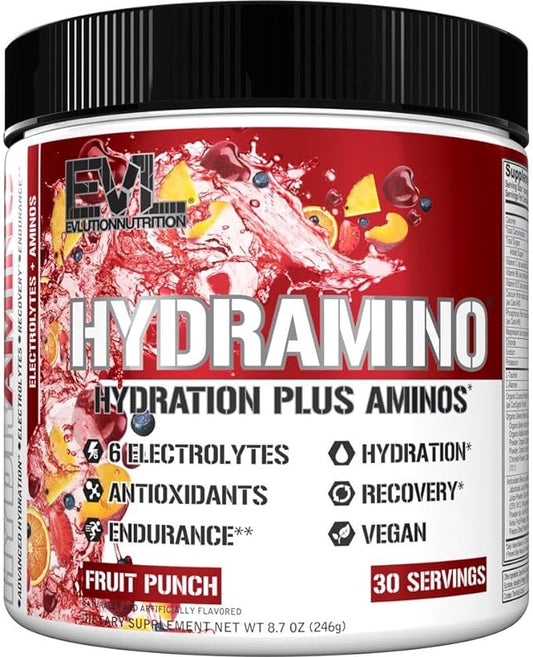 Evlution Nutrition HYDRAMINO Complete Hydration Multiplier, All 6 Electrolytes, Vitamin C & B, Fluid Boosting Aminos, Coconut Water, Endurance, Recovery, Antioxidants, 30 Serve, Fruit Punch