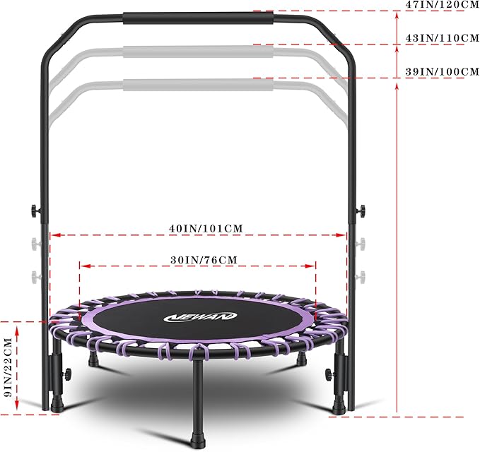 Newan 40" Silent Mini Trampoline with Adjustable Handle Bar Fitness Trampoline Bungee Rebounder Jumping Cardio Trainer Workout for Adults - Max Limit 330 lbs