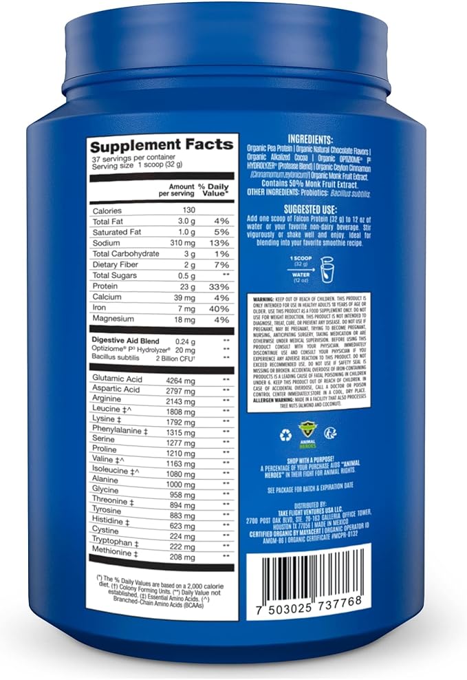 Falcon Vegan Protein Powder Organic, Stevia & Sugar Free, Plant Based Protein, Low Carb, Dairy Free, Keto, Non Whey Protein, Probiotic, Pea Protein | Chocolate Flavor - 37 Servings - 2.64lb