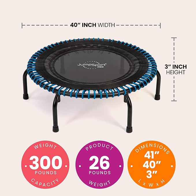 JumpSport 350 PRO Indoor Heavy Duty Fitness Trampoline, 39-inch | 36 Premium EnduroLast 4 Elastic Cords | Customized Bounce with 7 Settings | 300 lb Wt. Rating | 60-Day Free Trial to 350+ Videos