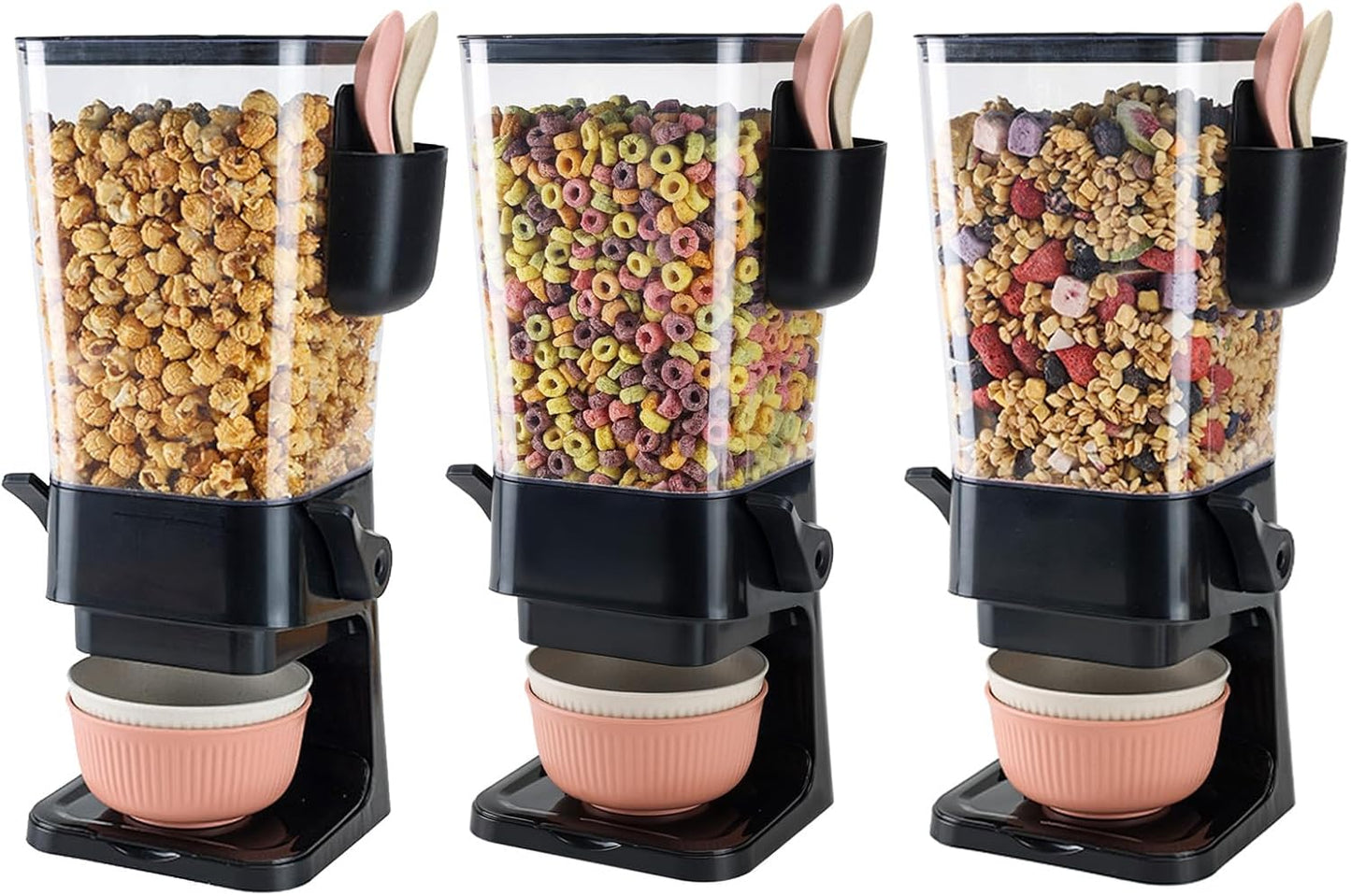 Cereal Dispenser Countertop Black 3 Pack with Bowls Spoons Cutlery Box,5.5 QT Dry Food Dispenser Snack Organizer Containers Storage for Pantry Kitchen Organization Oatmeal Nut Granola Candy