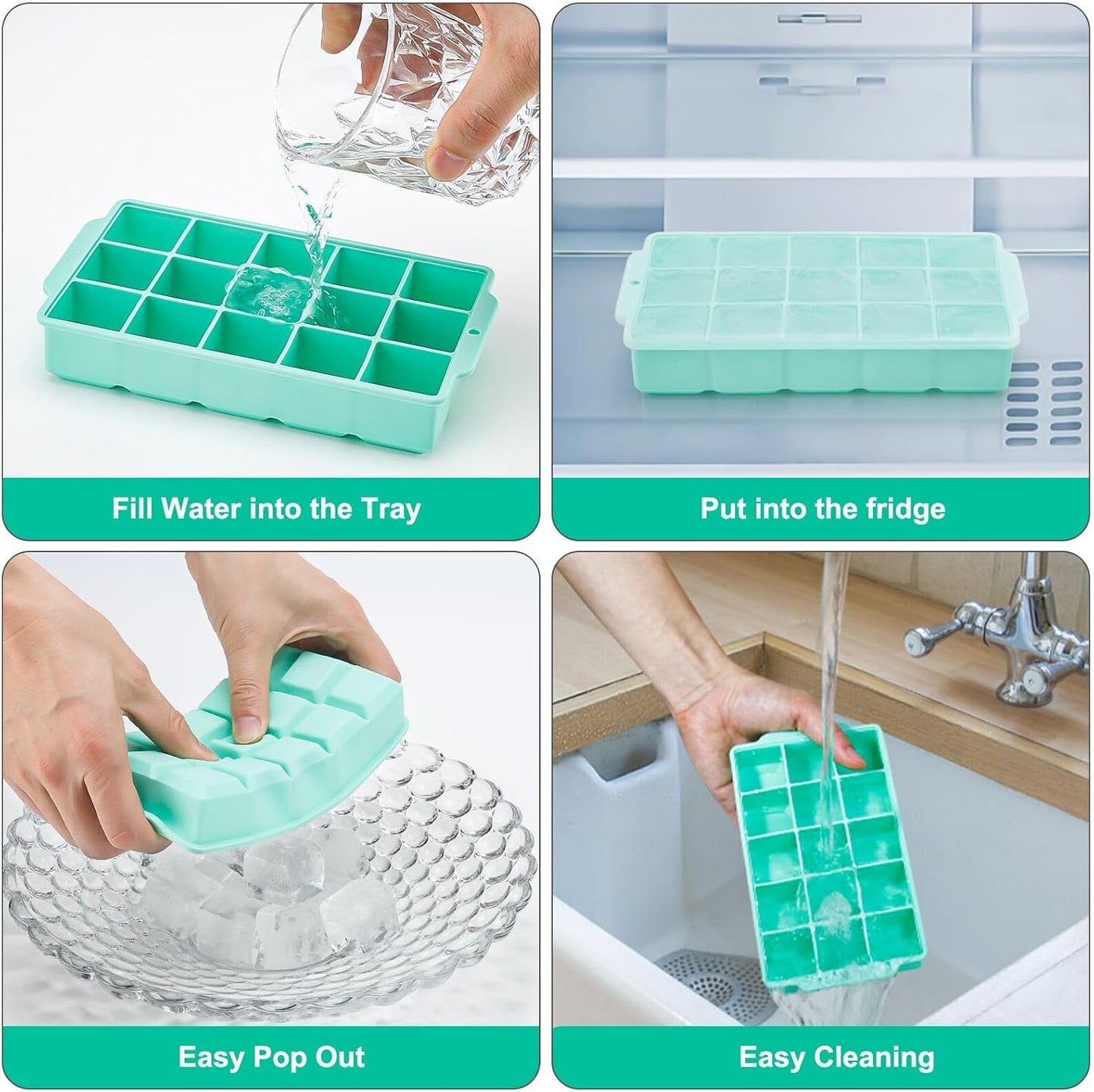 Ice Cube Tray, Ice Tray for Freezer with Lid, 3 Pack Silicone Ice Cube Trays for Freezer with15 Flexible Easy Release Ice Trays