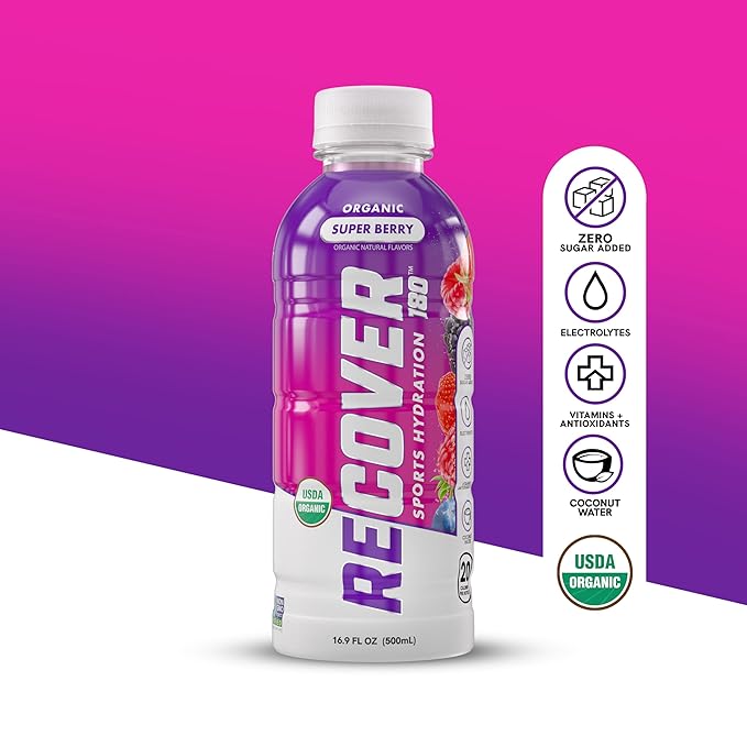 RECOVER 180 Organic Sports Hydration Drink, No Sugar Added, 20 Calorie Sports Beverage, Organic Flavors With Vitamins, Potassium-Packed Electrolytes (16.9 Fl Oz (Pack of 12), Super Berry)