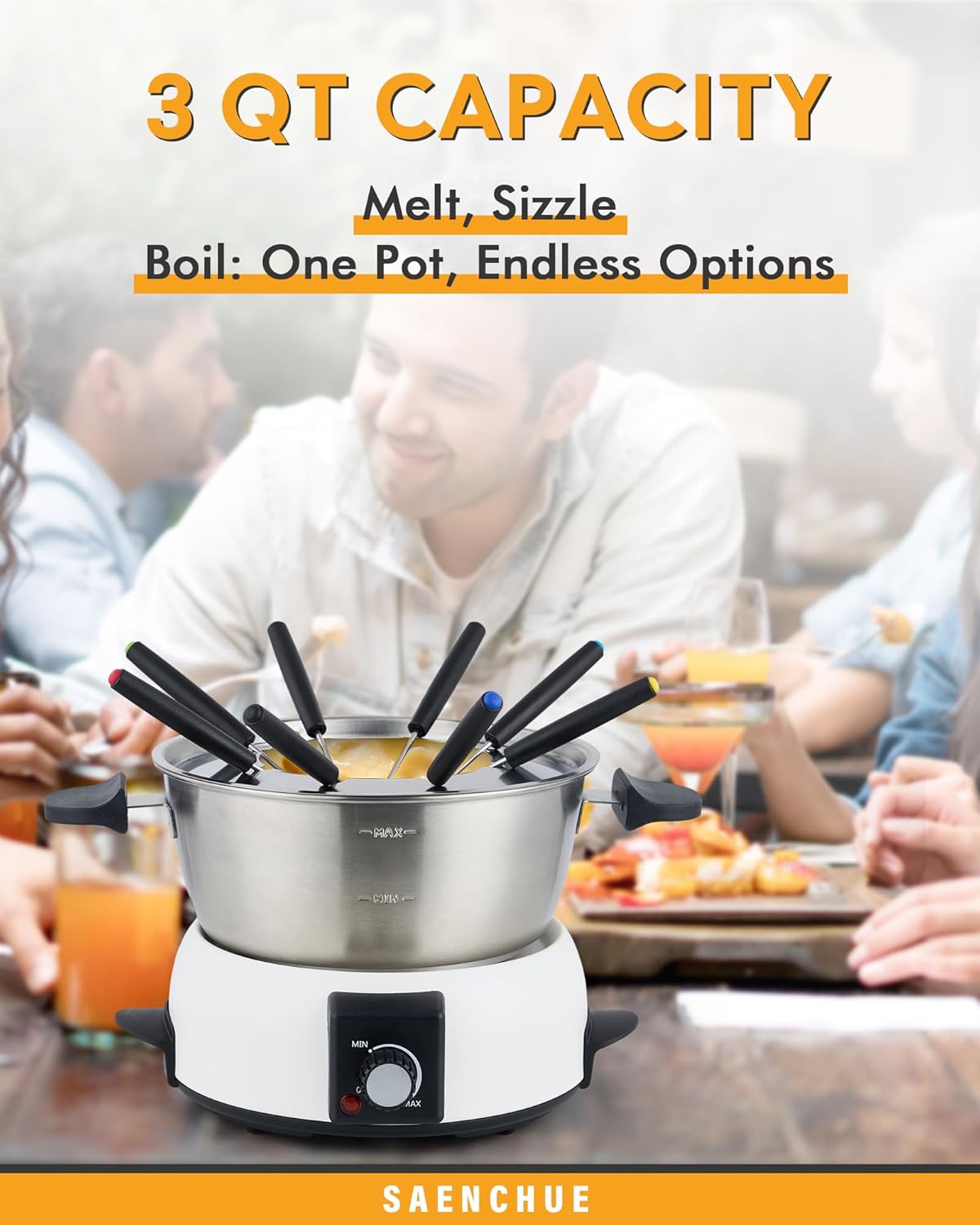 Electric Fondue Pot Set for Cheese & Chocolate - 6-Cup Stainless Steel Fondue Pot with 8 Coded Forks - 3 Mode Fondue Set Adjustable Temperature Control for Cheese, Oil and Hotpot, FD-10