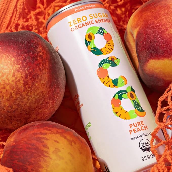 OCA ZERO Pure Peach, Organic energy drink, zero sugar, gluten-free, vegan plant-based, 12 Fl Oz (12-pack)