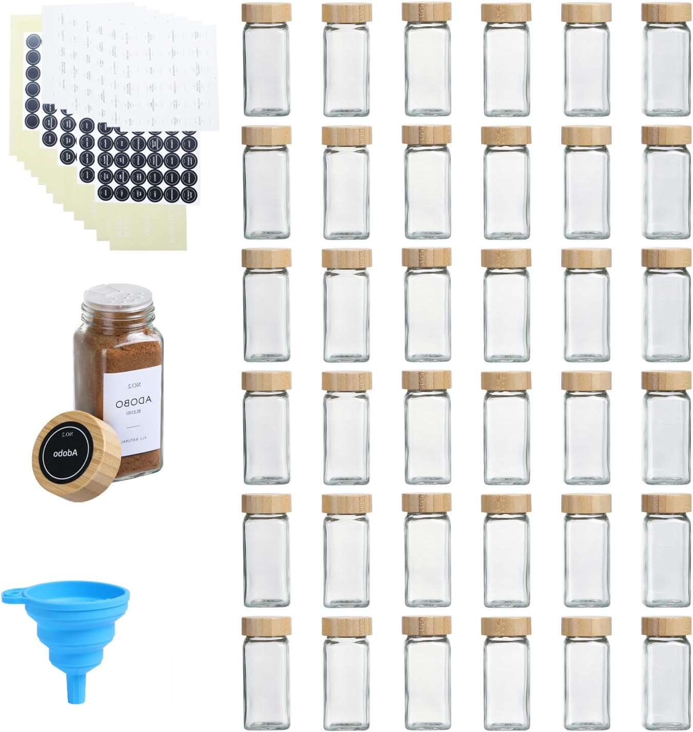 4 oz Glass Spice Jars with Bamboo Lids, Clear Empty Jars with Labels Stickers, Collapsible Funnel, Seasoning Storage Bottles for Spice Racks (36 Pack)