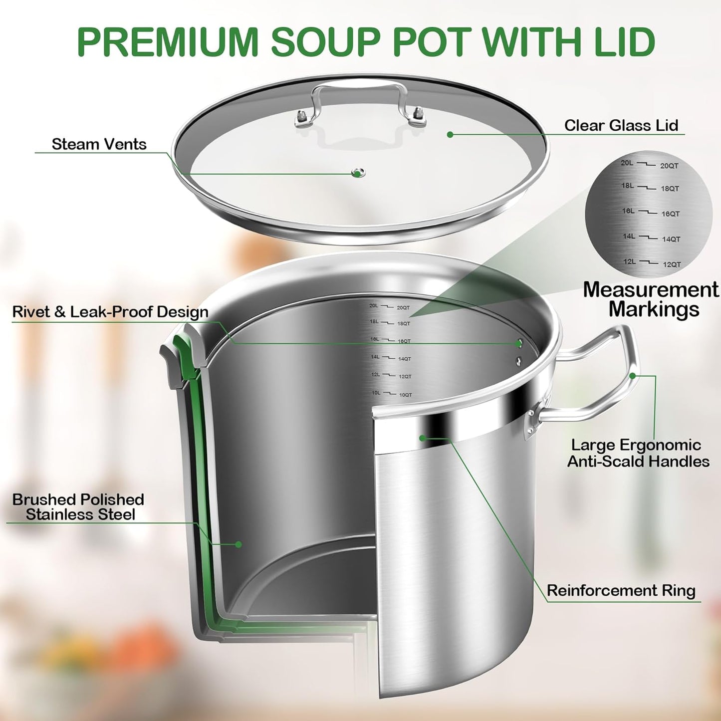 Stainless Steel 20 Quart Stockpot with Tempered Glass Lid, 3-Ply Base, 8.8 lbs, Polished Finish, Suitable for Stovetop and Oven