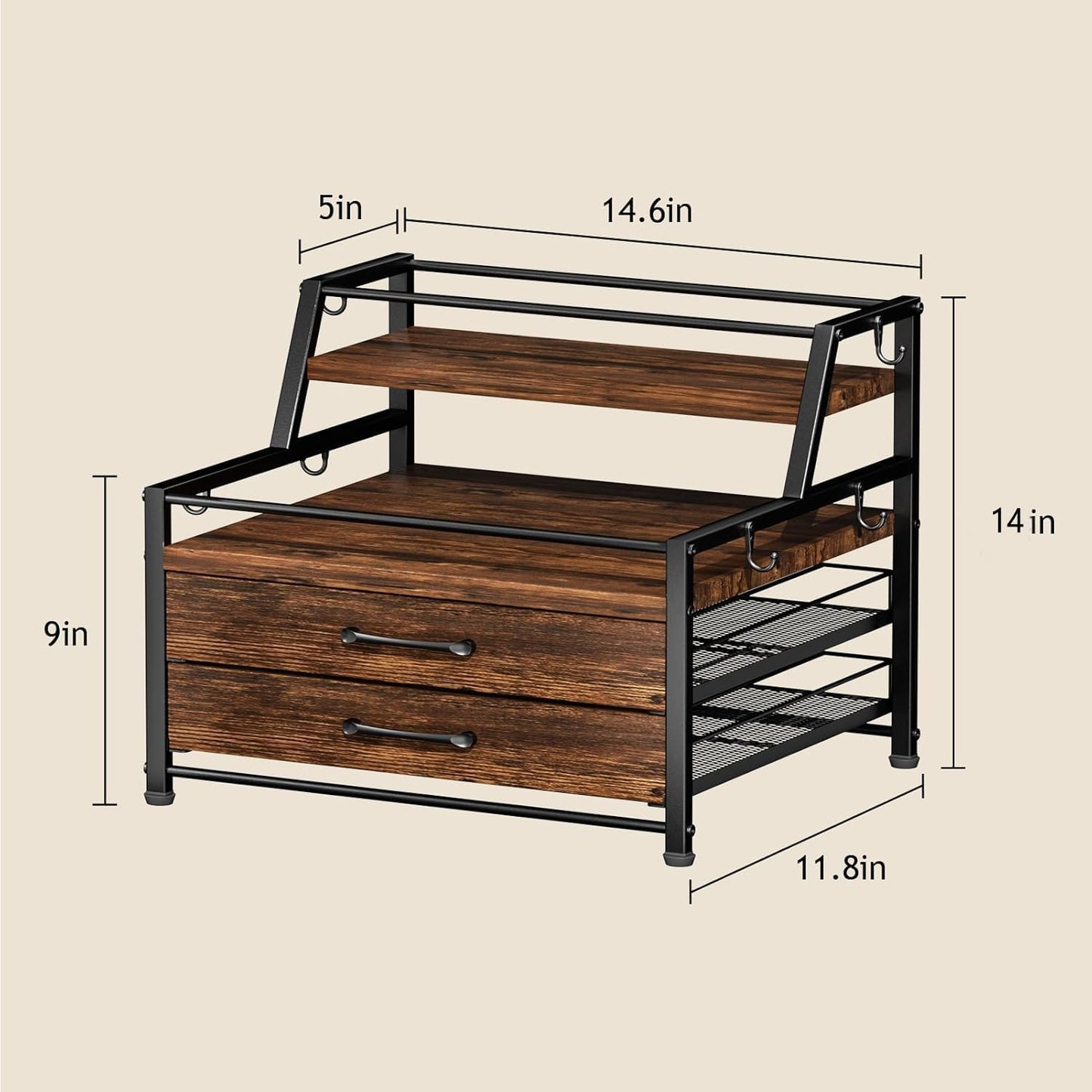 Coffee Syrup Rack Organizer - 4-Tier 8 Syrup Wine Bottles Stand with 82 Storage Drawer for K Cups, Coffee Pod Holder for Countertop, Bar Station, Kitchen, Rustic Brown
